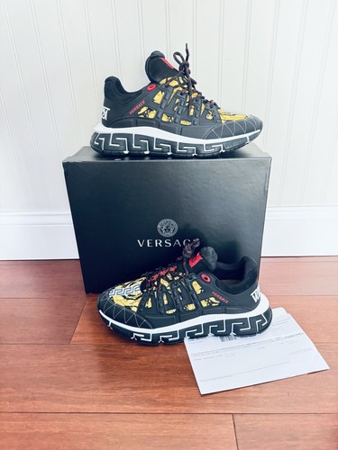 Pre-owned Versace Sold Don't Buy Trigreca Leather Sneakers Size Eu46 Us13 Barocco Print Blk In Black Barcode Yellow Multi Color