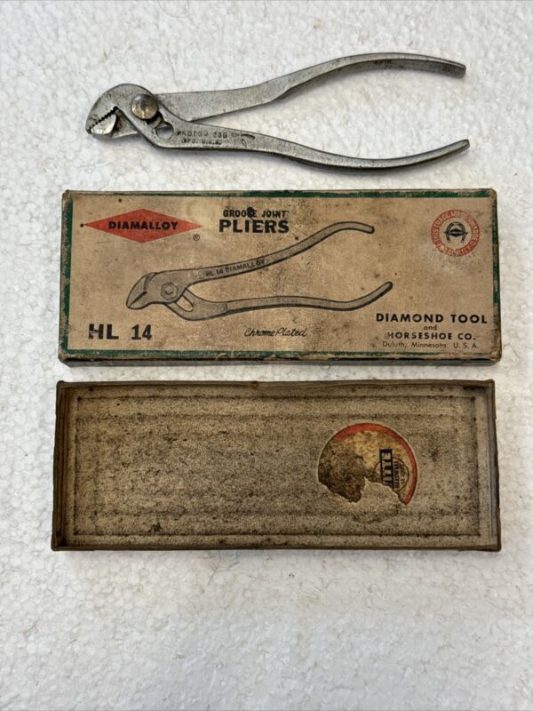 Vintage 4” Diamalloy Groove Joint Adjustable Pliers Box Hl 14 With Proto Pliers