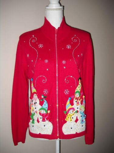 Vintage Jack B. Quick Med. Petite Red Embellished Christmas Sweater Zip Up Snow
