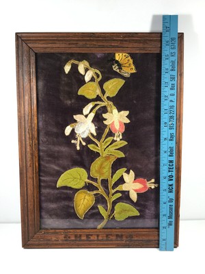 c.1890 Antique Velvet Flowers Butterfly embroidery in wooden frame
