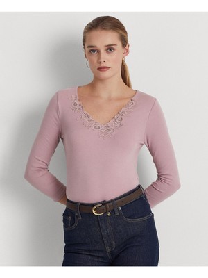 

LAUREN RALPH LAUREN Женский фиолетовый кружевной топ с рукавом 3/4 и V-образным вырезом