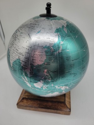 Blue Silver Globe Rotate/Spin/Turning Earth With Wooden Base/Stand Desktop