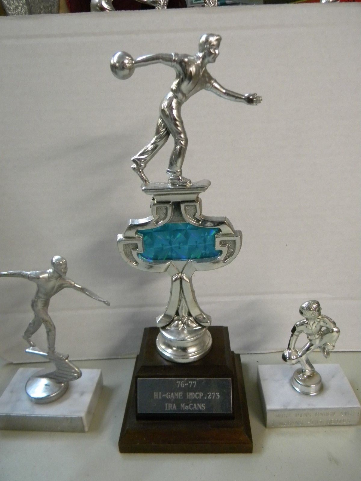 3 Vintage 1970s Wood Marble and Metal Topper BOWLING Trophies ~ Mens