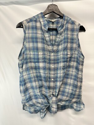 Max Studio Blue Plaid Cotton Button Front Sleeveless Summer Top Blouse M