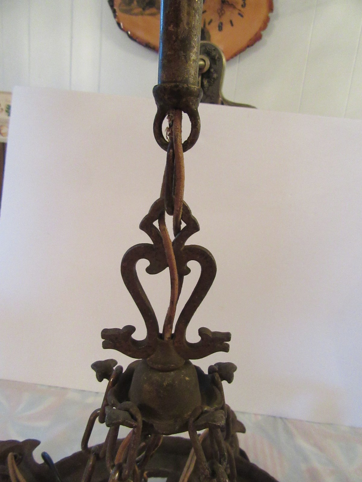 5 Light Chandelier Cast Iron Hammered T.C. Virden Co.1930 Castle Ceiling Light