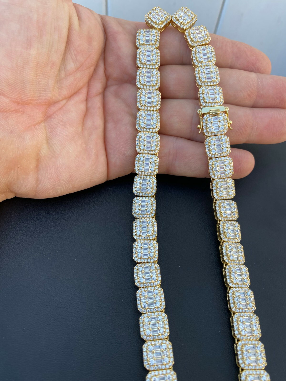 Pre-owned Silver Mens Baguette Chain Bracelet Real Solid 925  14k Gold Plated Icy Cz 18-30"