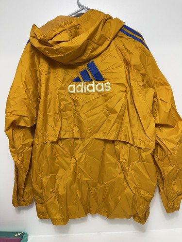 VTG 1980s Gold Adidas Long Windbreaker Jacket Blue Stripes