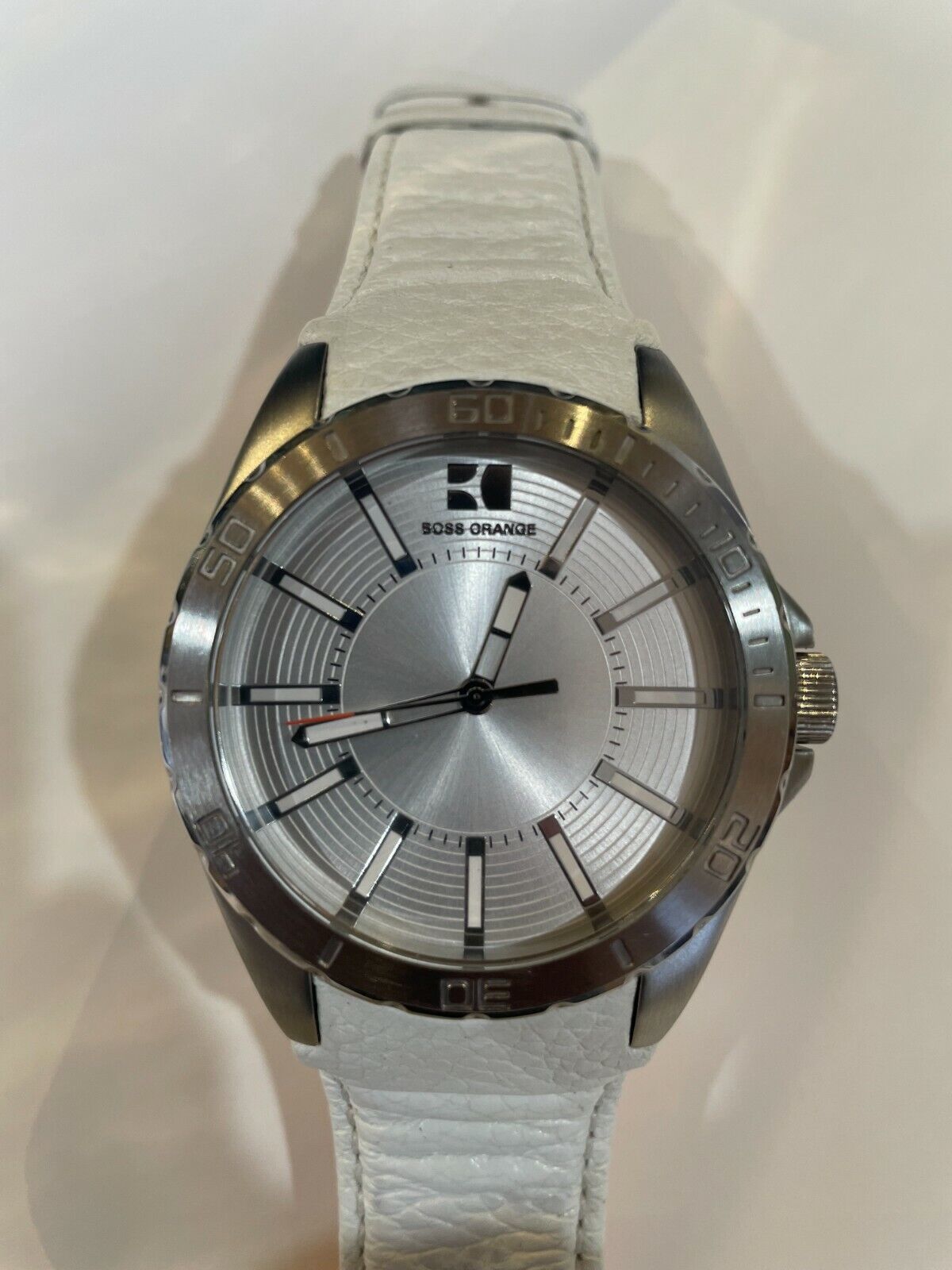 Hugo Boss Orange Watch Silver Big Case White Leather Band HB179.1.14.2396