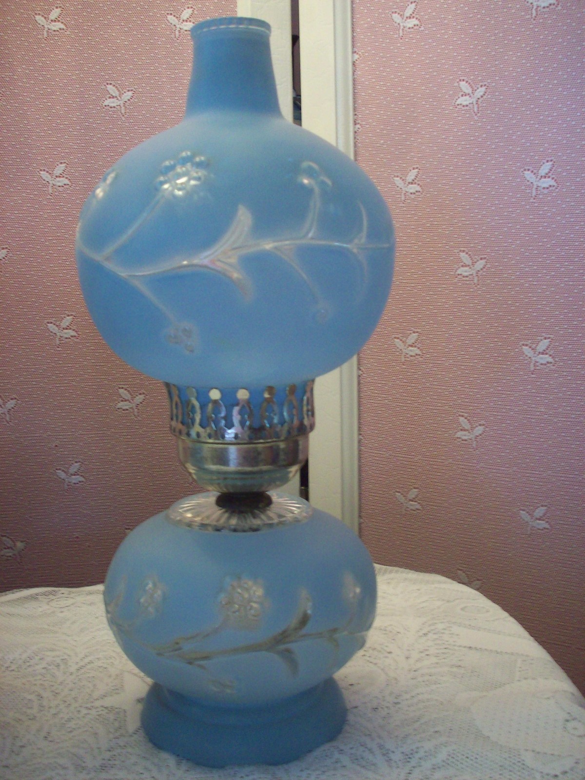 VINTAGE SET OF BLUE GLASS HURRICANE LAMPS