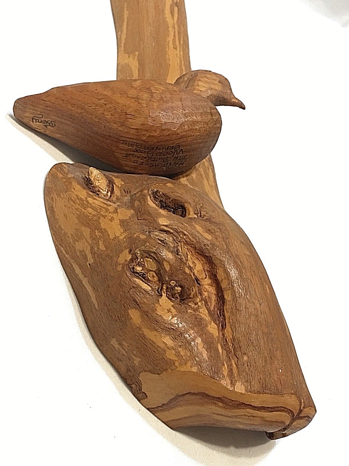 Signed Carved Wood Duck on 10” butternut Burl Knot Up North Decor Decoy Folk Art