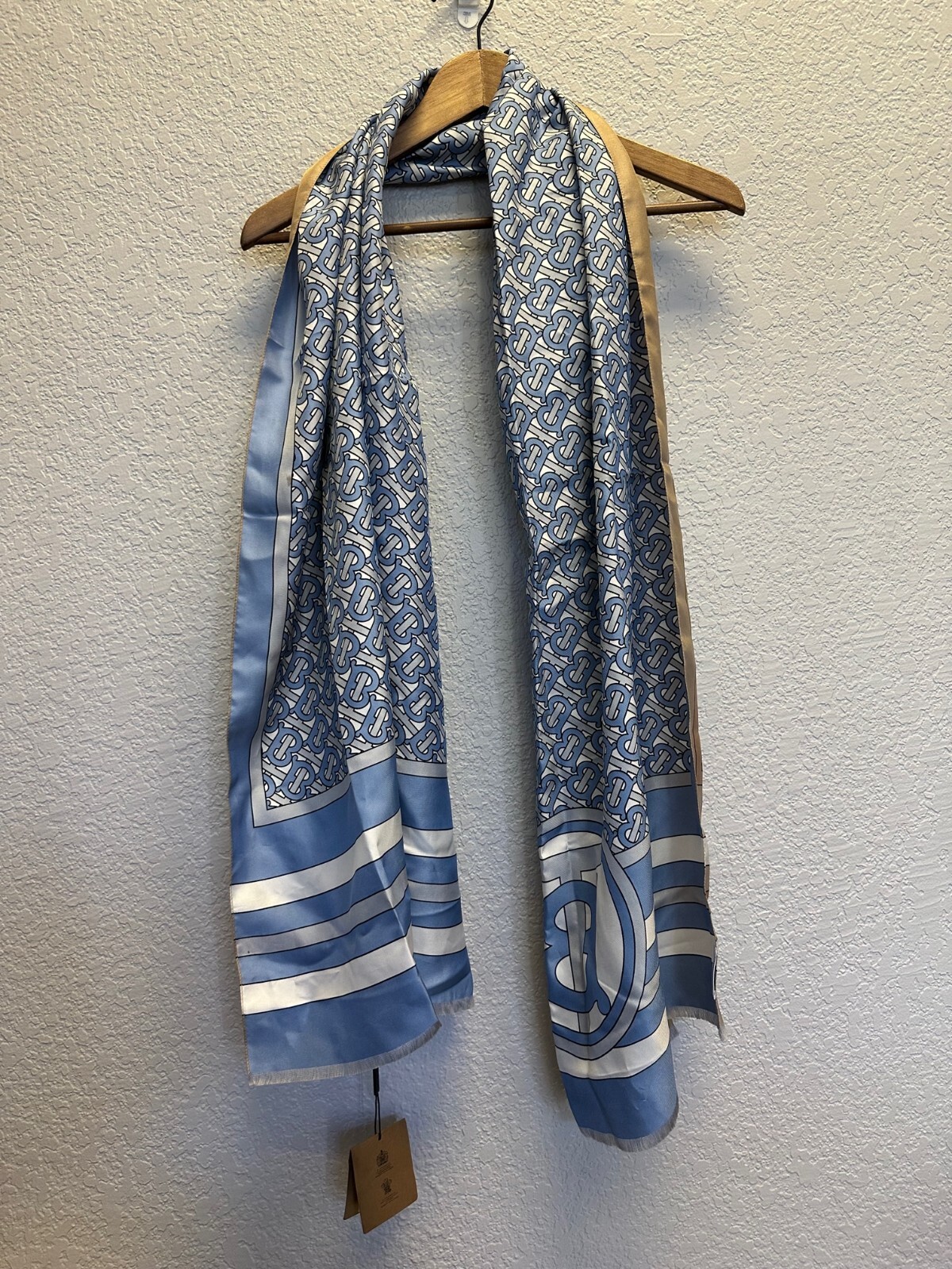 Burberry Double Printed Silk Oblong Scarf Beige/Blue 185 x