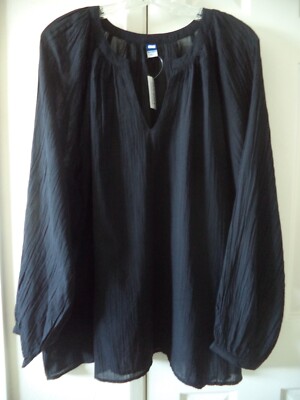 Old Navy Black Lt Weight Crinkle Cloth Split V Peasant Blouse 3XL 4X 26 28 30 3X
