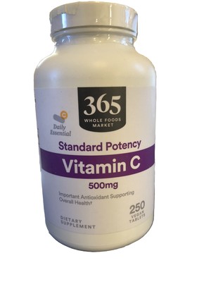 365 WHOLE FOODS MARKET STANDARD POTENCY Vitamin C 500 mg 250 Tabs BB 5/25 (4b)