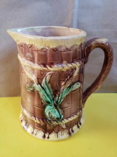 Antique Majolica Large Pitcher Bamboo Pattern