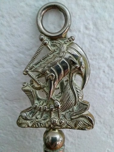 Victorian Brass Coal Fireplace Tongs with Ship Emblem and Original Clip 12 by 3