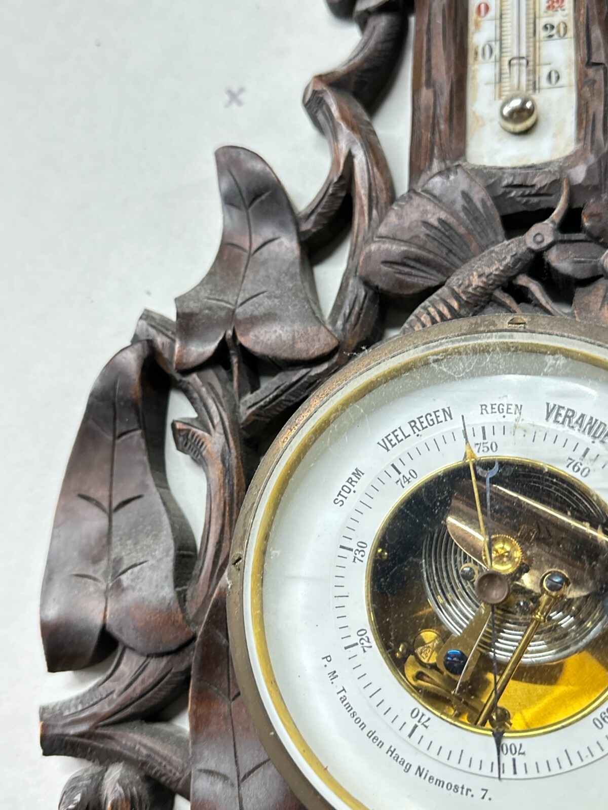 antique black forest barometer carved birds p.m  tamson ornate