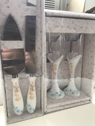 Wedding Beach Themed Toasting Champagne Flutes Glasses & Cake Serving Set