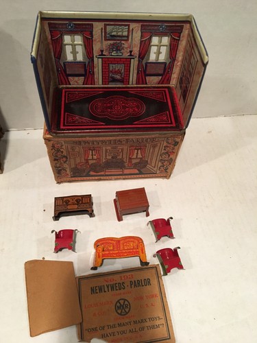 1920'S MARX NEWLYWED PARLOR COMPLETE TOY HOUSE/FURNITURE PLAY SET W/ORIGINAL BOX