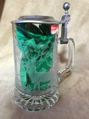 Vintage~ALWE~Glass Stein~w-Pewter~Lid~W Germany~Etched~Stag~Deer~Rare~Tankard