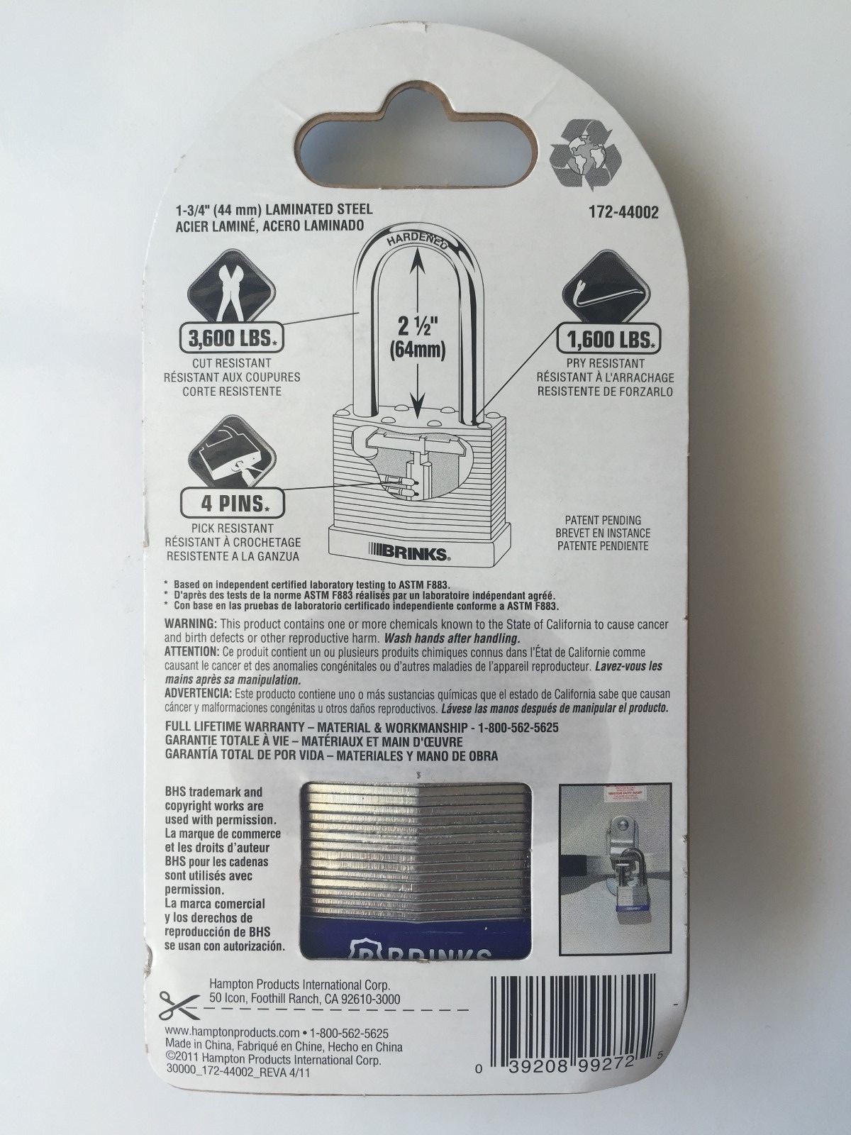 BRINKS HOME SECURITY Pick-Resistant Cut-Resistant Keyed Lock