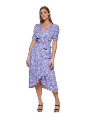DKNY Womens White Tie Belt Lined Asymmetrical Pouf Sleeve Midi Dress Petites 4P