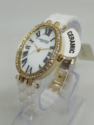 Anne Klein 12/2350GPWT Womens 27x35mm Oval Gold-Tone Ceramic Bracelet Watch NWOT