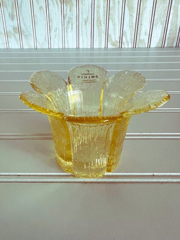 Vintage Viking Glass Yellow Flower Candle Votive Holder 2.5”x 4”