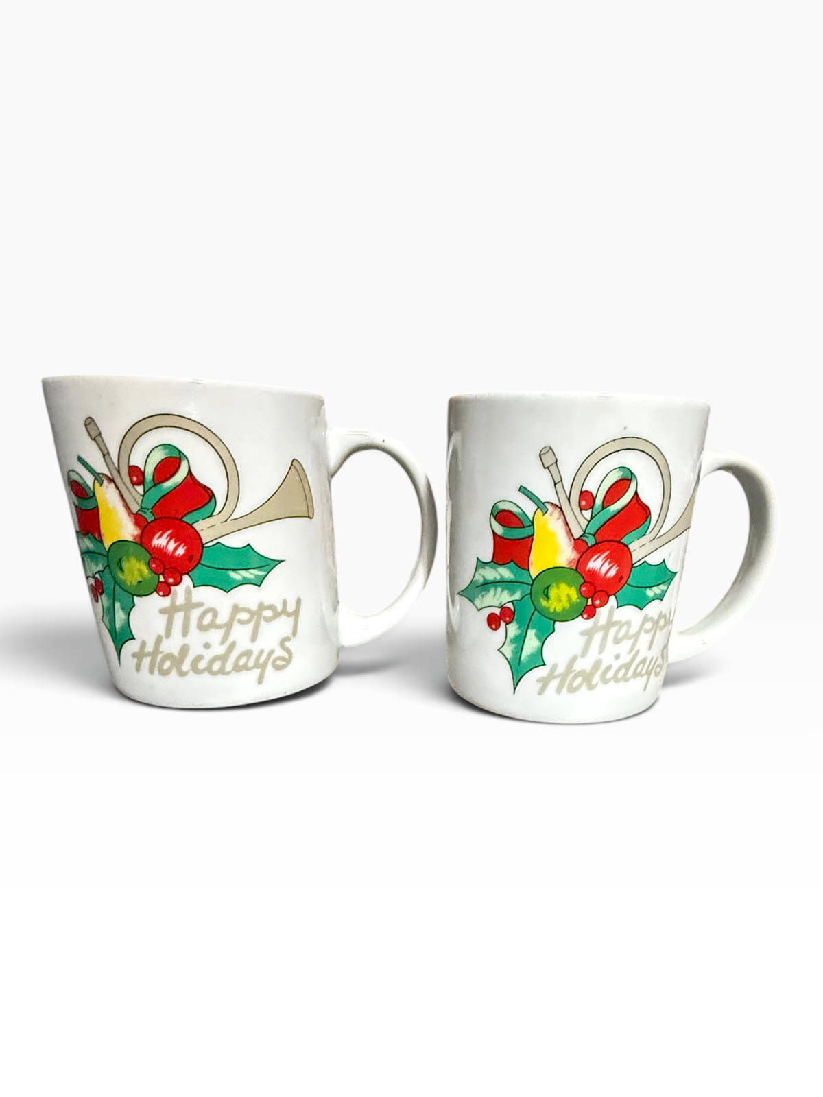 Vintage Happy Holidays Christmas Mugs Set of 2 Holly Fruit Horn Ceramic