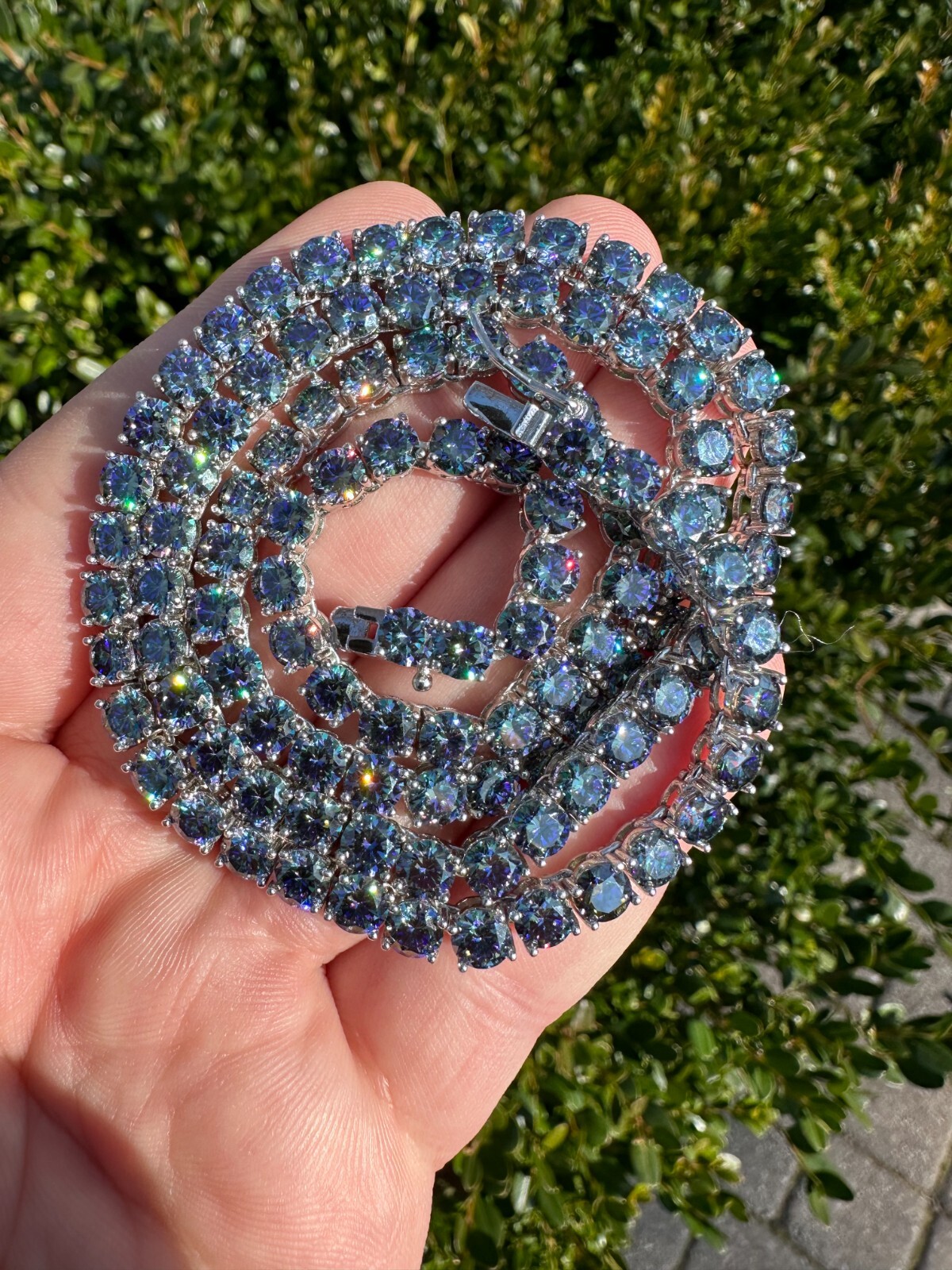 Pre-owned Silver Real Blue Moissanite 5mm Tennis Chain 925  Iced Necklace Pass Diamond Test