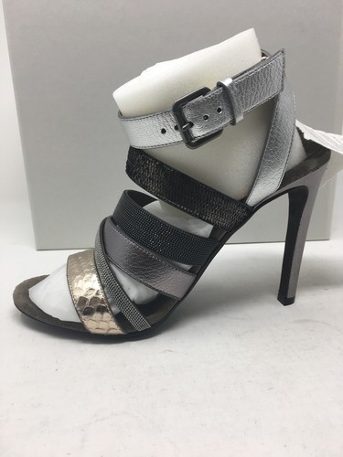 Pre-owned Brunello Cucinelli $1595  Womens Shoes Sandals Heels Silver Size 10 Us 40