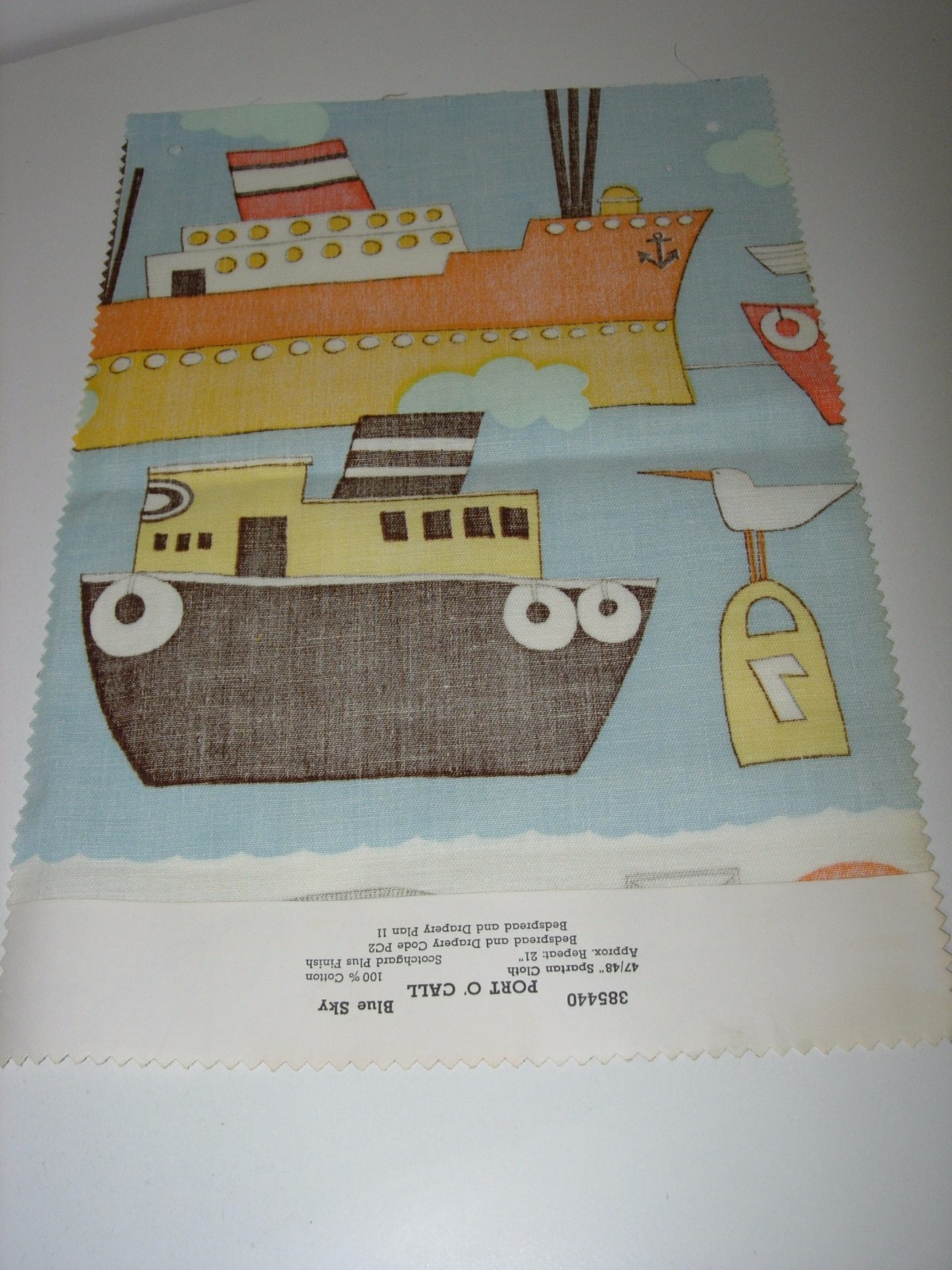 VINTAGE 100% COTTON FABRIC 16X11 PALE BLUE PORT O' CALL BOATS CRAFTS QUILT ART