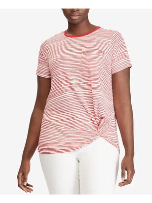 

RALPH LAUREN Женская красная полосатая футболка с круглым вырезом и короткими рукавами плюс, Красный