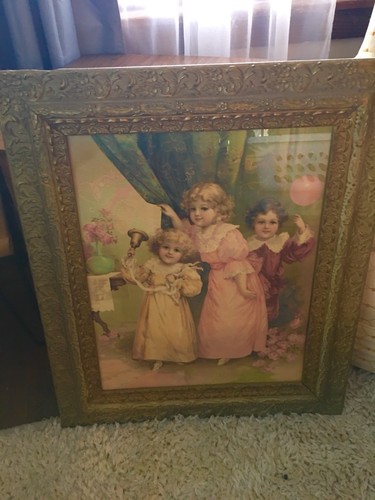 Large Ornate Antique Gesso Wood Picture Frame German Lithograph Print