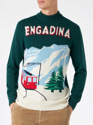 Pre-owned Mc2 Saint Barth Man Green Sweater With Knitted Postcard