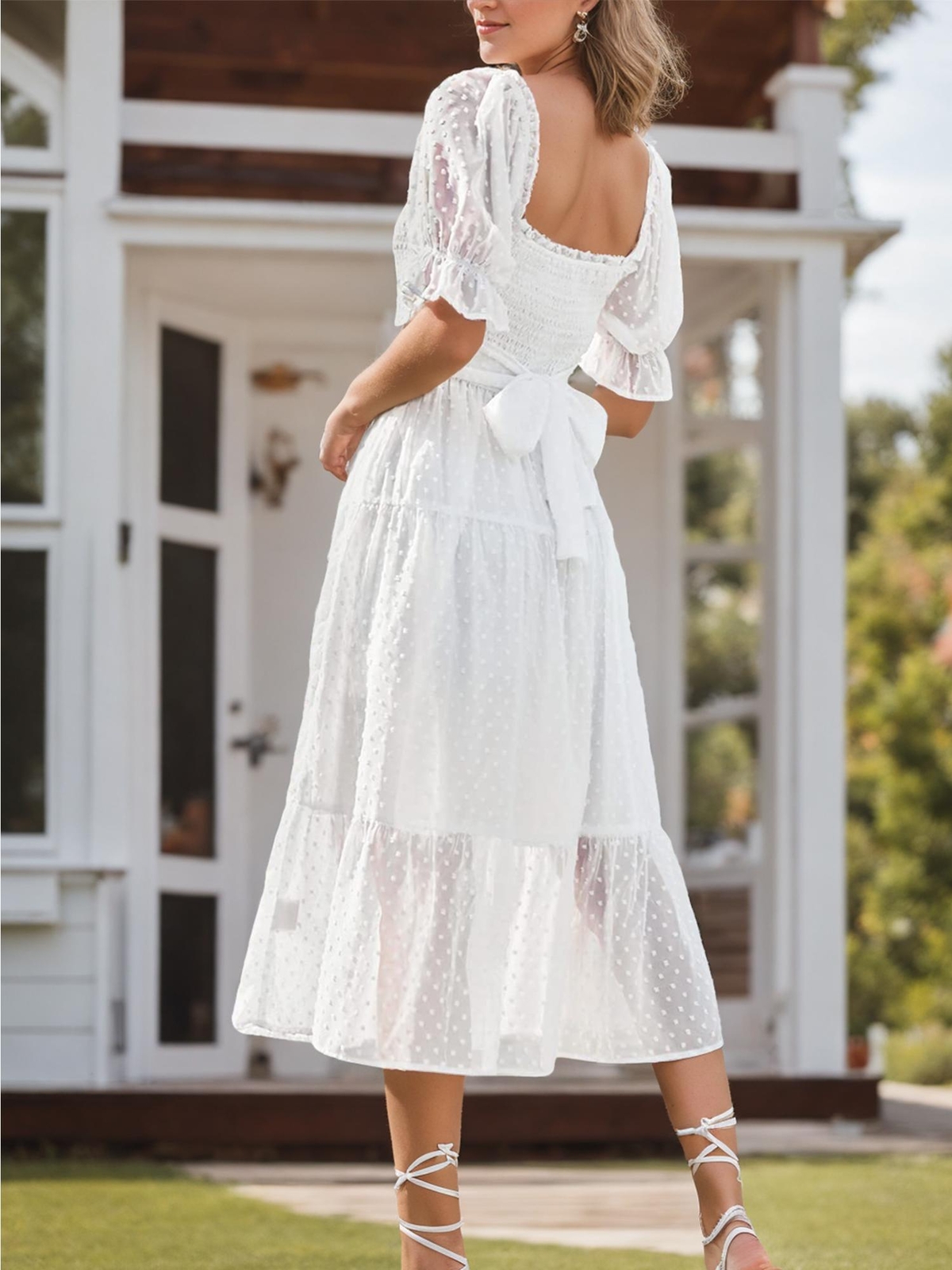 ワンピース FETICO LACE JACQUARD PUFF-SLEEVE DRESS レディース】LACE JACQUARD PUFF-SLEEVE DRESS | FETICO