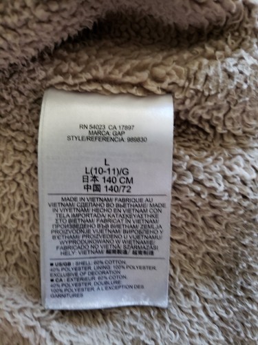 Boys Gap Kids hooded Jacket sherpa lined coat size large 10