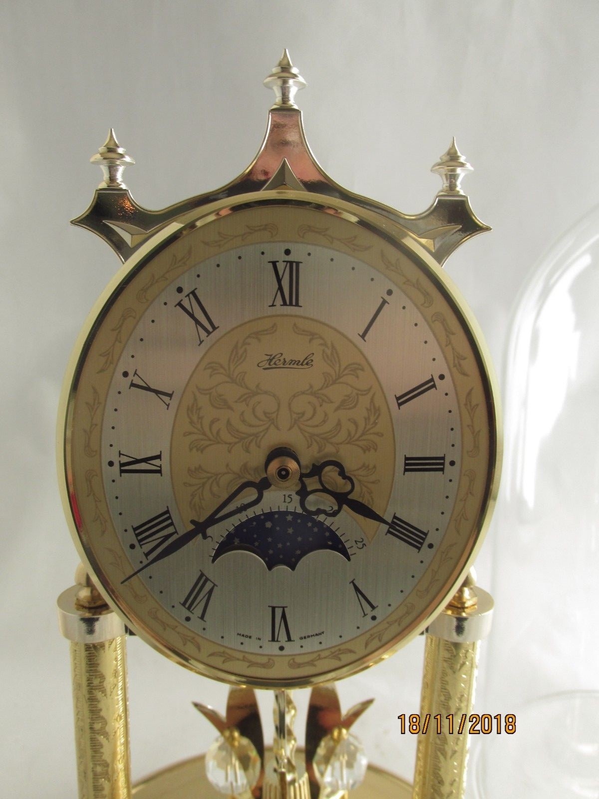 Hermle Moon Phase Anniversary Clock Glass Dome W Germany 11