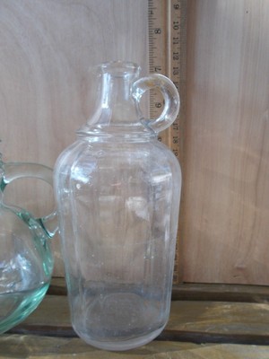 2 Vintage Glass Small Syrup Pitchers finger handles Green & Clear Bubbles seamed