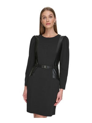 Женское черное платье-футляр DKNY с поясом и отделкой из искусственной кожи с пышными рукавами 14