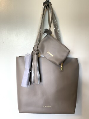 Joy & Iman Grey Leather Tote Bag Removable Insert Organizer & Wristlet Tassle