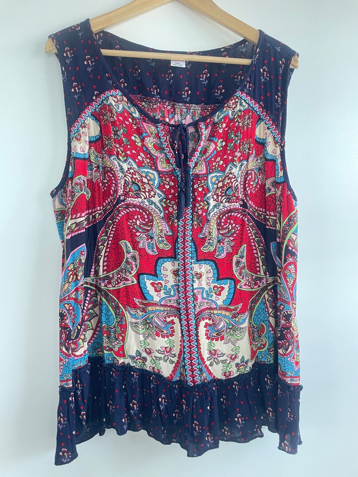 Boho Chic Paisley Tunic 2X XXL Plus Size Gauze Tassel Ruffle Sleeveless Tank