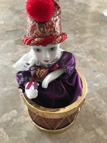 Musical Moving Clown In Drum Collectible Figurine Toy Tested Works 11” Tall