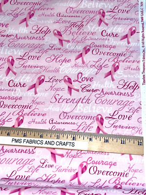 TT Breast Cancer ribbons & words 100% cotton fabric by the yard 36 x 44 - C7659