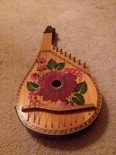 Vintage Russian Ethnic Musical 11 String Wood  instrument  signed painted NICE