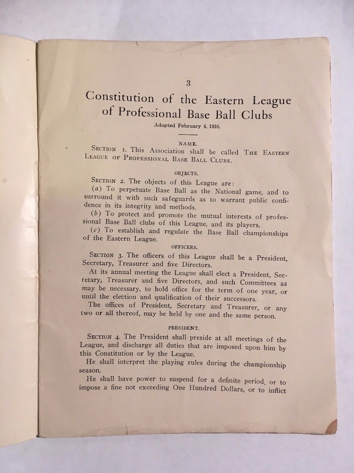 RARE 1910 CONSTITUTION OF THE EASTERN LEAGUE OF PROFESSIONAL BASEBALL