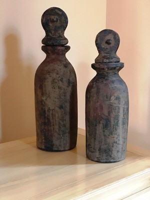 2 Rustic Mediterranean Clay Vessel/Bottles with Stopper Tops