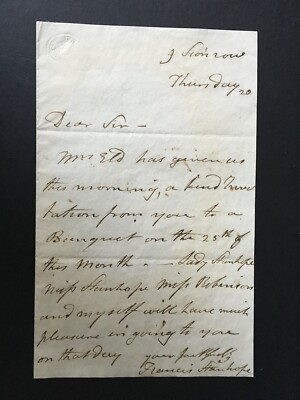 SIR FRANCIS STANHOPE - DISTINGUISHED ARMY OFFICER & MP - ONE PAGE SIGNED LETTER