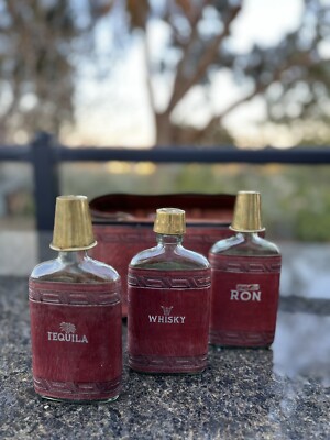 Vintage Set Of Three Matching Flasks And Leather Case And Shots Glasses