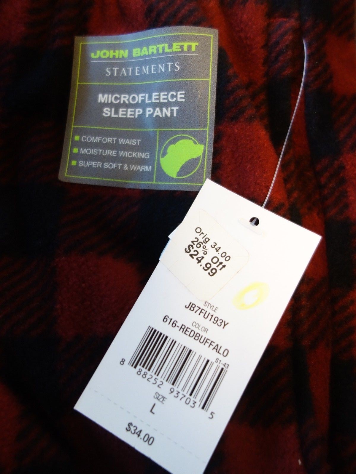 NWT John Bartlett Statements Mens L Lounge/Sleep Pants Red Plaid Microfleece $34