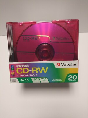 Verbatim CD-RW Discs 700MB 80Min 2X-4X Speed Slim Case Assorted Colors 20 Pk New